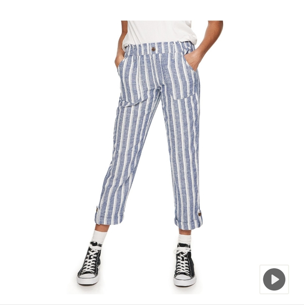 NWT Juniors' SO Tapered Leg Linen Pants Blue And White